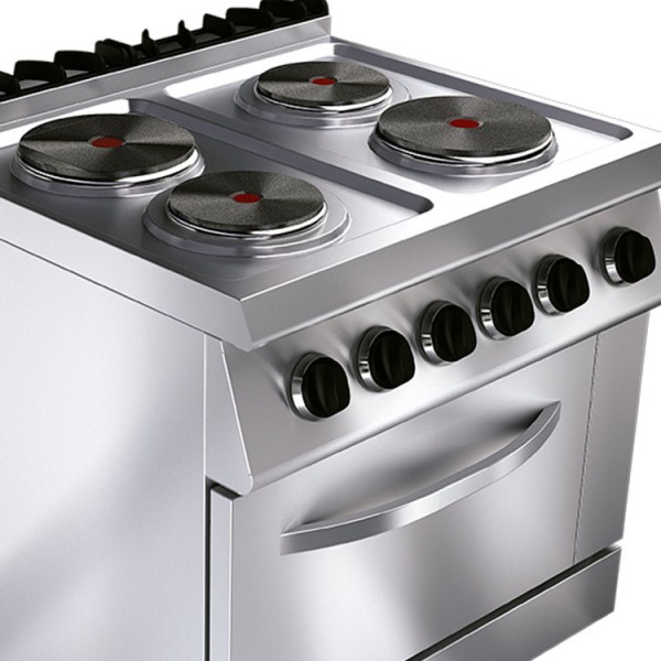 Cocina eléctrica 4 fuegos cuadrados con horno eléctrico GN 2/1 Fondo 900  Pratika